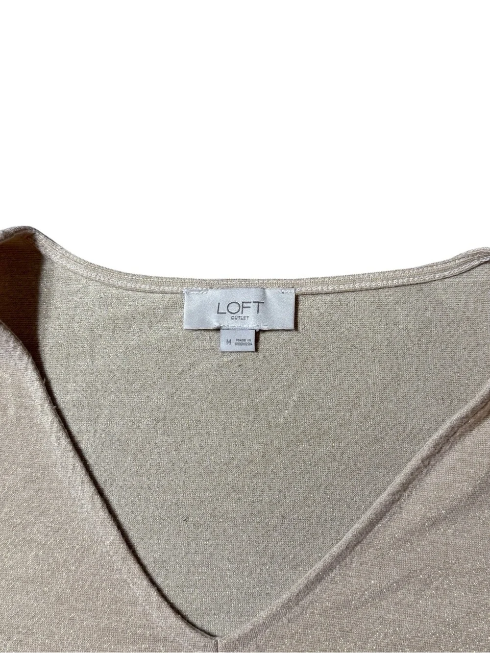 LOFT Beige Puff Sleeve V-Neck Top Medium Knit Long Balloon Sleeve Blouse Shirt M